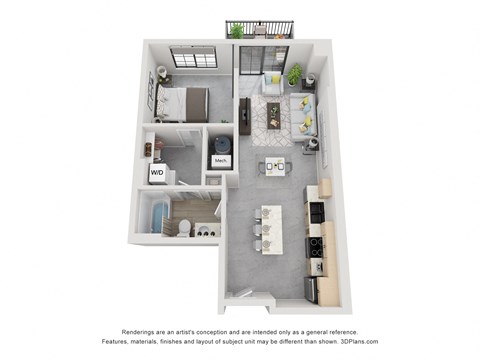 Floor plan for 1 bed, 1 bath, 663 sqft